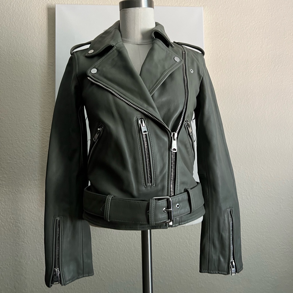 All Saints Balfern Sage Green Moto Jacket Size 2 New